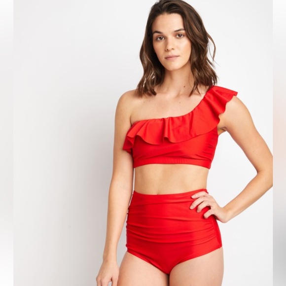 Red One Shoulder Ruffle High Waisted Bikini Set - Picture 4 of 4